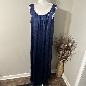 Vintage Lorraine Nightgown long lingerie Sleeveless Blue W White Trim Nylon Sz L